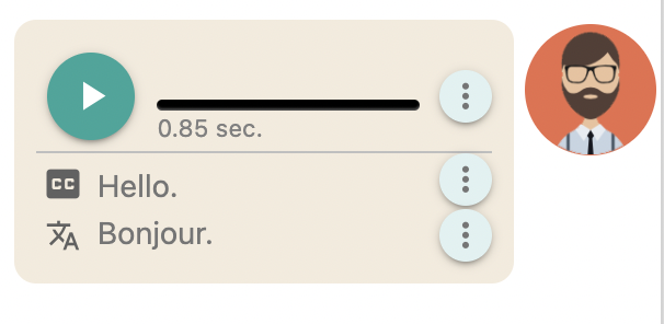 bulle de chat vocal et vidéo d'échange de langues avec bouton de lecture audio, légende en direct de l'anglais parlé et traduction en ligne vers l'allemand